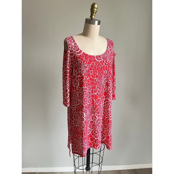 Clara Sunwoo Pink Stretchy Cold Shoulder Tunic Top XS Floral Geometric Long Line - Picture 16 of 16